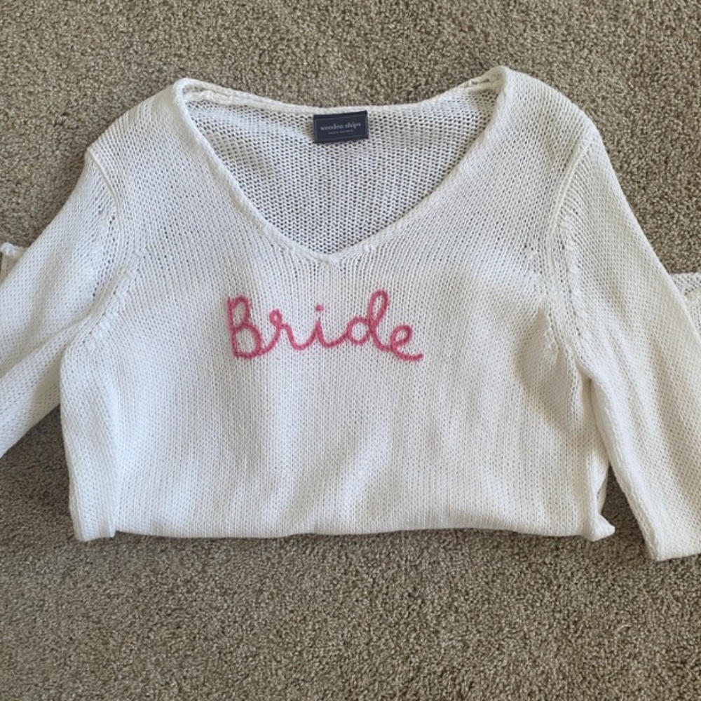 White Bride Sweater w/ Pink Writing by Wooden Ships - Paola Buendia Size S/M